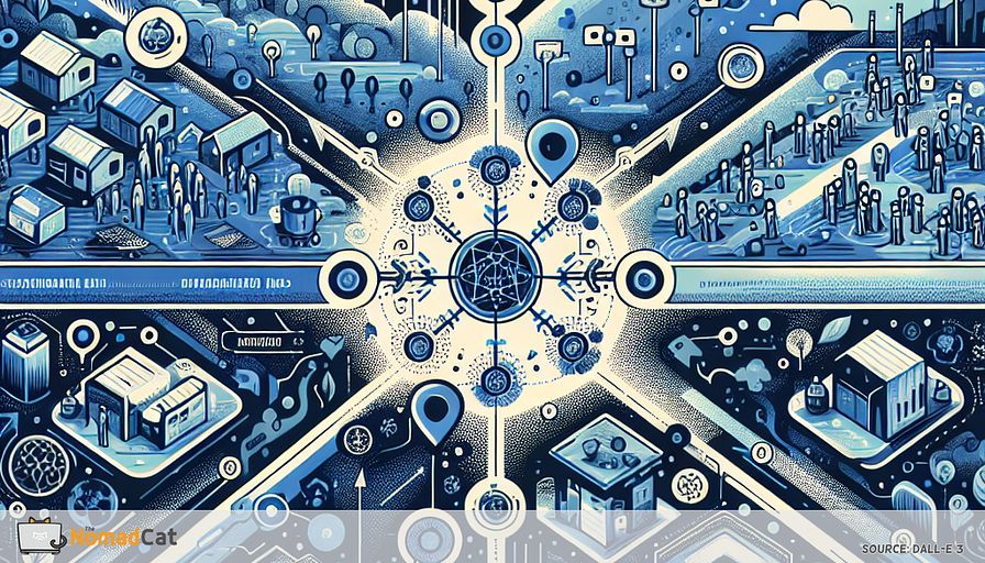 Create an abstract illustration that portrays the concept of decentralized recycling networks. Use a palette dominated by blue tones to convey a sense of innovation and sustainability. Visualize a community represented by interconnected micro-hubs, each uniquely adapted to its surroundings, symbolizing local recycling efforts. Integrate elements of blockchain and IoT technology through abstract digital motifs, like interconnected nodes and data streams, to highlight transparency and real-time management. Include symbolic representations of reduced transportation distances, such as arrows or paths leading directly from micro-hubs to recycling points, to emphasize the environmental benefits. The overall composition should evoke a sense of empowerment and adaptability, reflecting the community-driven and resilient nature of decentralized recycling networks.