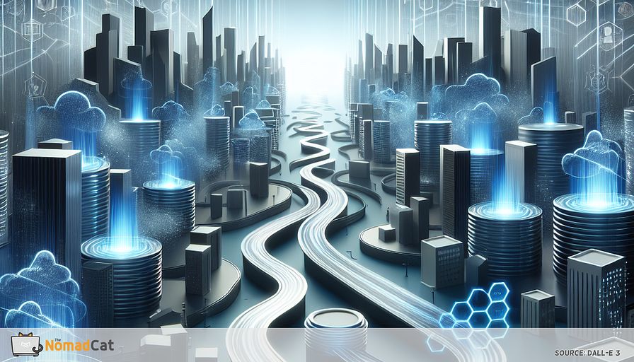 Create an abstract illustration capturing the concept of edge computing as a guardian of data privacy. Envision a futuristic cityscape with digital data streams flowing like rivers, but instead of converging into a central hub, they branch out towards the city's edge, forming protective shields around individual buildings. Each building represents a data source, glowing with a soft blue luminescence that signifies secure data processing. In the background, shadows of regulatory figures loom over, symbolizing compliance with laws like GDPR. The overall color palette should be dominated by varying shades of blue, with hints of silver to evoke a sense of security and technological advancement.