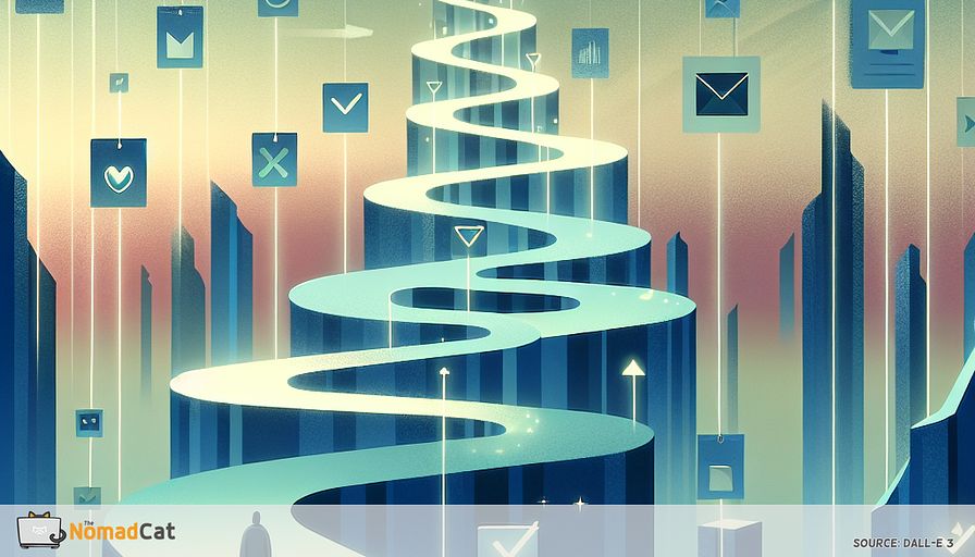Create an abstract illustration that visually represents the journey of the first month working solo, focusing on the power of small wins and micro-milestones. Use layered shades of blue as the dominant color palette, evoking both calm and uncertainty. Show a stylized, solitary figure at the base of a gentle, winding staircase or path made of floating geometric shapes—each step or shape symbolizes a micro-achievement (like a checkmark, envelope, or tiny flag). Subtle, glowing highlights on each step convey progress and momentum. The background suggests a quiet, open space with soft gradients and minimalistic elements, hinting at both freedom and the daunting unknown. The atmosphere is introspective yet hopeful, with abstract tools like sticky notes, charts, or digital icons subtly integrated, emphasizing self-tracking and regular self-reflection. The overall mood should balance solitude with a sense of forward movement and quiet celebration.
