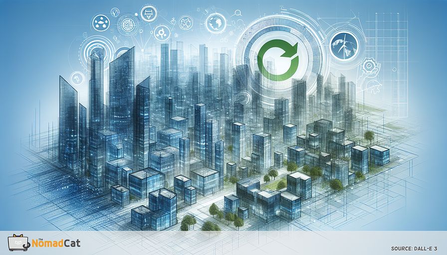 Create an abstract illustration that encapsulates the future of eco-friendly construction, putting emphasis on the integration of green building innovations. The artwork should show a harmonious mingling of nature and cutting-edge architecture, with structures effortlessly combining energy-efficient designs, intelligent technology, and renewable resources. Use various shades of blue to illustrate this advanced cityscape, giving a sense of sustainability and peace. Include subtle inclusions of eco-certification symbols woven into the building designs, signifying a commitment to environmental care. This abstract representation should not only highlight the economic benefits and healthier living conditions but also capture the vital shift towards sustainable living as an indispensable change in our perspective of inhabiting Earth.