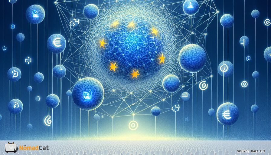Create an abstract illustration that captures the essence of navigating complex EU regulations for JavaScript developers. The scene should depict a vast, intricate web of interconnected blue threads, symbolizing the intricate EU data privacy laws like GDPR, ePrivacy Directive, and the proposed AI Act. Within this web, envision a group of developers represented as abstract figures, each one holding a glowing, blue orb. These orbs symbolize the tools and strategies—such as encryption, consent management, and privacy-by-design principles—that help them navigate these regulations. The background should be a gradient of deep blues and soft azure tones, emphasizing the seriousness and depth of the regulatory landscape while highlighting the path to innovation and compliance.
