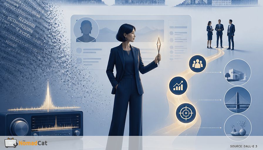 Abstract editorial illustration in refined blue tones: a confident independent professional standing at the center of a clean LinkedIn-style profile interface, holding a single glowing keyword like a compass needle. Around them, an overwhelming cloud of faded buzzwords dissolves into soft digital static, while only three precise luminous keywords form a clear path toward a small group of ideal clients and meaningful project icons. Subtle visual references to Beijing, Berlin, and Lisbon appear as minimal skyline silhouettes in the background, connected by delicate lines. Include a search lens, quiet analytics charts, and a radio-tuning metaphor with a sharp signal emerging from noise. Spacious minimalist composition, elegant geometric shapes, calm professional mood, soft gradients, high-end conceptual magazine illustration, no readable text, no logos.