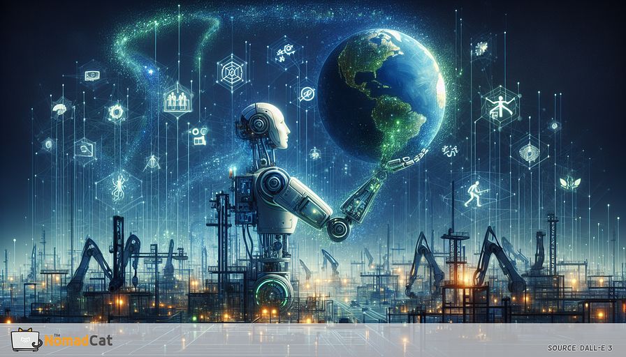 Imagine a future-focused industrial scene where the key features of robotics and eco-friendly breakthroughs gracefully intersect to form an abstract artistic scenario. Precision-driven, streamlined robotic arms, painted in deep blues and accented with specks of green, bear the planet in a testament to responsible resource use. They perform their tasks against a backdrop that unabashedly celebrates the profound role of automation in the manufacturing sector today. Floating above this harmonious landscape are symbolic manifestations of 3D printing, the Internet of Things, and Artificial Intelligence technologies, each emanating a subtle, efficient luminescence. Interspersed throughout the tableau are glowing, data-driven ribbons, representing efficient supply chains guided by the principles of predictive maintenance and bespoke production. At the heart of this technological ballet stands the silhouette of a contemplative, gender-neutral Chief Technology Officer of Caucasian descent, their attention consumed by a holographic blueprint that charts the intersection of innovation and sustainability strategies. This scene encapsulates not just the accuracy, efficiency, and dependability of robotics in manufacturing, but also underscores the integral role that sustainable practices and advanced technologies play in moulding the future trajectory of the industry.