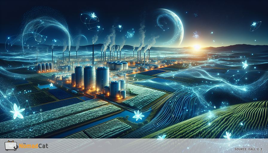 Create an abstract image that represents a vision for a futuristic, sustainable algae biofuel production facility, illuminated in different shades of blue to suggest innovation and ecological preservation. Picture broad expanse of bioreactors glowing with bioluminescent algae embedded in a scene that merges farmland with advanced technological infrastructures, all basked in the soft lighting of a planet powered by clean energy. The scene should convey a sense of optimism, growth, and sustainability, symbolizing an expandable solution to the global energy crisis and a marked reduction in carbon emissions. Incorporate abstract elements indicating optimization and efficiency, such as flowing, natural shapes merging with exact, geometric designs, portraying the cohesion between nature and technology in the pursuit of a more sustainable future.