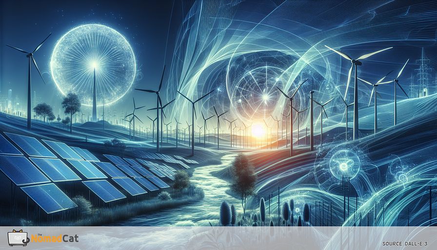 Envision a futuristic landscape that expertly blends the tranquility of nature and the convenience of forward-thinking technology in an elegant, abstract depiction dominated by calming blue hues. Imagine a series of solar panels, which rather than maintaining rigid, standard designs, take on fluid, organic forms resembling the petals of blooming flowers, absorbing sunlight from a soft, azure sun. Nearby, grand wind turbines stand, their tall, graceful designs reminiscent of sophisticated sculptures, their blades a blur of motion within the gentle, sky-blue wind. A vibrant river courses through the scene, powering concealed hydroelectric systems visualized as tranquil, pulsating orbs of energy matching the rhythm of the water. In the backdrop, an intricate network of luminous blue lines connects the elements, signifying progressive energy storage solutions that ensure consistent, balanced power distribution. Above all, this scene symbolizes a world where renewable energy systems, propelled by revolutionary advancements, reconfigure our bond with Planet Earth, guiding us towards a sustainable, ecologically aware future.