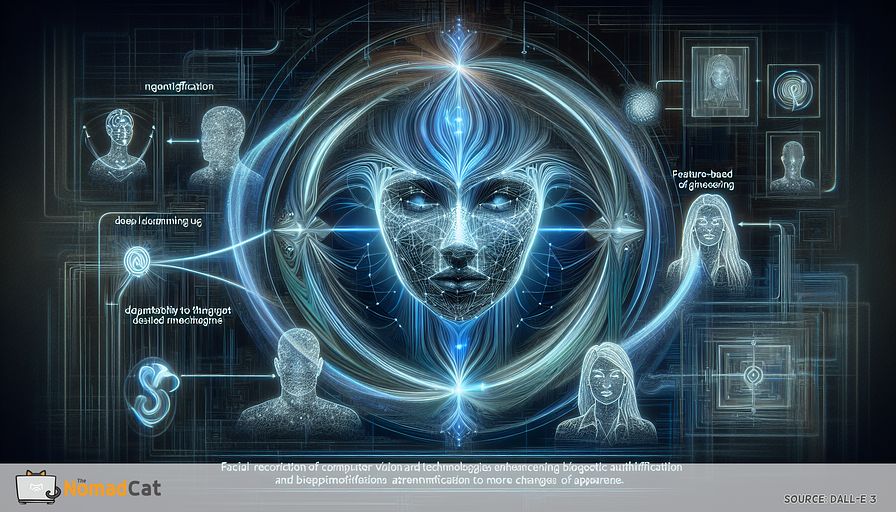 Visualize an abstract, futuristic scene illustrating the evolution of facial recognition and computer vision technologies enhancing biometric authentication to be more seamless and secure. Imagine a nexus of intertwined, glowing blue lines symbolizing the complex AI algorithms in action, with emphasis on feature-based and deep learning-based mechanisms. These lines should merge onto an abstract, stylized face representing the pinnacle of precise identification and adaptability to changes in appearance. Envelop this centerpiece in the ghost-like representations of a female South Asian CTO, a Caucasian male Director of Engineering, and a Hispanic female Director of Technology, all engaged in the progressive brainstorm needed to revolutionize access control systems. The overall image should exude an essence of abstract futurism, with a spectrum of blue tints to denote safety, trust, and elevated tech aptitude.
