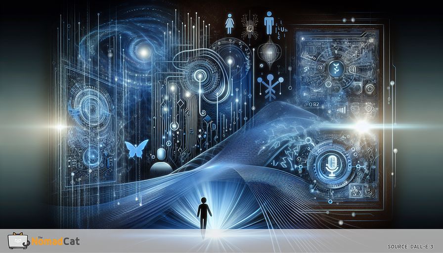 Design a blue-toned abstract illustration representing the advancements in voice recognition technology and its incorporation in our daily devices. The scene should show a futuristic interface highlighted by flowing waveforms and digital signals, demonstrating the interaction of voice commands with smart gadgets like phones and home automation systems. Incorporate intricate patterns to subtlety hint at the complex workings of AI and natural language processing in the backdrop. Insert diverse linguistic symbols subtly embedded into the design reflecting the challenge of improving comprehension in different environments. Include abstract figures of users, featuring people of different abilities, interacting effortlessly with these technologies. Symbolize privacy through secure and interconnected network nodes, balancing out convenience, innovation, and data safety. Lastly, depict the thriving potential of this technology evolving over time, propelled by AI research and consumer needs.