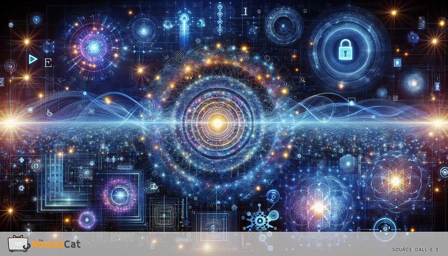 Create an abstract illustration that embodies the concept of quantum networking and communication's transformative effect on data transfer and processing. Visualize quantum entanglement as a brightly colored, interconnected network of lights spanning across a background of various shades of blue, suggesting limitless, immediate information transfer regardless of distance. In the foreground, include symbols representing Quantum Key Distribution (QKD) and quantum computing, such as glowing keys radiating a secure, impenetrable aura and futuristic, abstract computing devices or circuits indicating amplified processing power. Add elements signifying the collaboration of technology and engineering leaders, possibly through interconnected gears or luminous networks that blend together flawlessly. This scenario should encapsulate the strategic integration required by Chief Technology Officers of different descents and genders to foster innovation and attain a competitive advantage, all communicated through an abstract, visually appealing narrative dominated by a blue-tinted palette.