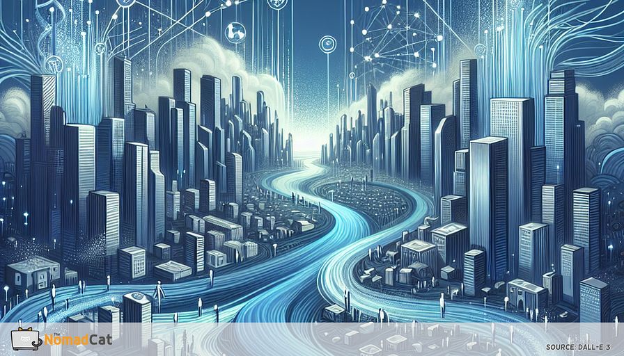 Create an abstract illustration that embodies the essence of startups diving into the world of big data analytics through open-source tools. Visualize a dynamic landscape where streams of data represented as flowing blue lines converge into a futuristic cityscape. This city symbolizes innovation and collaboration, with structures resembling interconnected nodes or data hubs. Each building or structure is adorned with abstract symbols of popular open-source tools like Apache Superset, Metabase, and Kibana. Integrate elements of community-driven collaboration, such as figures or shapes representing teamwork and knowledge sharing, all enveloped in a palette of soothing blue tones. The scene should evoke a sense of empowerment and accessibility, highlighting the transformation of complex data into actionable insights without overwhelming resources.
