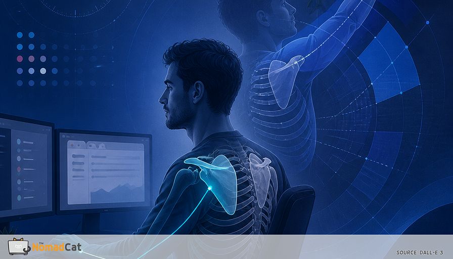Abstract editorial illustration in cool blue tones: a modern remote worker at a dual-monitor desk, shown in side profile after a long screen-filled day, with one arm subtly held forward toward a mouse. Behind and around the figure, translucent layered shapes visualize the “forward-ready” desk configuration: rounded ribcage contours, a shoulder blade sliding slightly forward on the ribs, gentle tension lines through the neck and upper back. In contrast, a second ghosted arm reaches overhead toward a high shelf, where the movement becomes fragmented into elegant geometric arcs—suggesting shrugging, rib flare, and borrowed motion without showing injury or pain. Include faint UI-like elements such as Slack notification dots, browser tabs, clock hands, and soft grid lines dissolving into the background, conveying ten hours of desk work. Add a small bright cyan pathway from ribs to shoulder blade to arm, symbolizing a simple 20-second movement reset and restored overhead option. Minimalist, sophisticated health-magazine infographic aesthetic, abstract anatomy rather than clinical anatomy, soft gradients, deep navy background, cobalt and cyan highlights, clean negative space, no text, no labels, no gore.