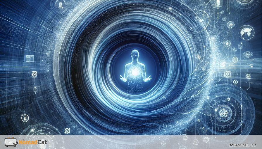 Create an abstract illustration in soothing blue tones, depicting the transformative power of predictive analytics in customer engagement. Visualize a dynamic, swirling vortex of data streams and digital patterns converging into a clear, radiant center. This center symbolizes the insightful clarity that predictive analytics brings to businesses, represented by an abstract figure holding a glowing, transparent sphere. Surrounding this core, subtle hints of diverse customer interactions—like silhouettes of people, shopping carts, and communication symbols—emerge from the data streams, signifying personalized customer experiences and enhanced loyalty. The entire composition should evoke a sense of futurism, innovation, and the strategic advantage businesses gain through understanding customer behavior.