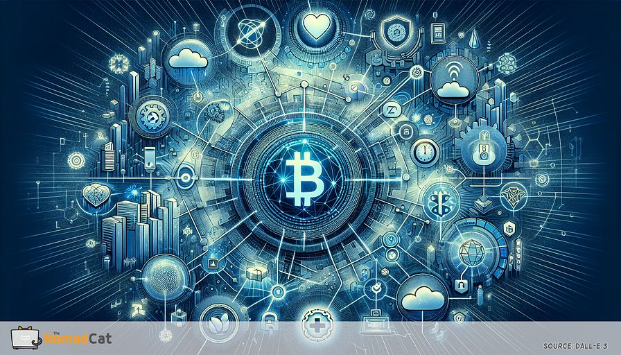 Create an abstract image that portrays the broad impact of blockchain technology in different sectors beyond finance. The image should incorporate themes of transparency, trust, and innovation, predominately in blue hues. Visualize a central, ethereal symbol representing blockchain, with radiating lines connecting to different symbolic spheres. These spheres represent key industries influenced by blockchain technology: smart contracts appearing above clouds symbolizing trust, a supply chain depicted as linked, unbreakable components, a shield illustrating the safeguarding of digital identities adjacent to a stylized, secure lock, a medical cross wrapped in a chain signifying secure medical record handling, and a coin transforming into various shapes to represent decentralized finance and tokenization. This composition should emanate the notion of blockchain as a central, harmonizing force ushering in a new transparent, secure, and efficient era across numerous sectors, all infused with a futuristic, abstract style accentuated by varying blue tones.