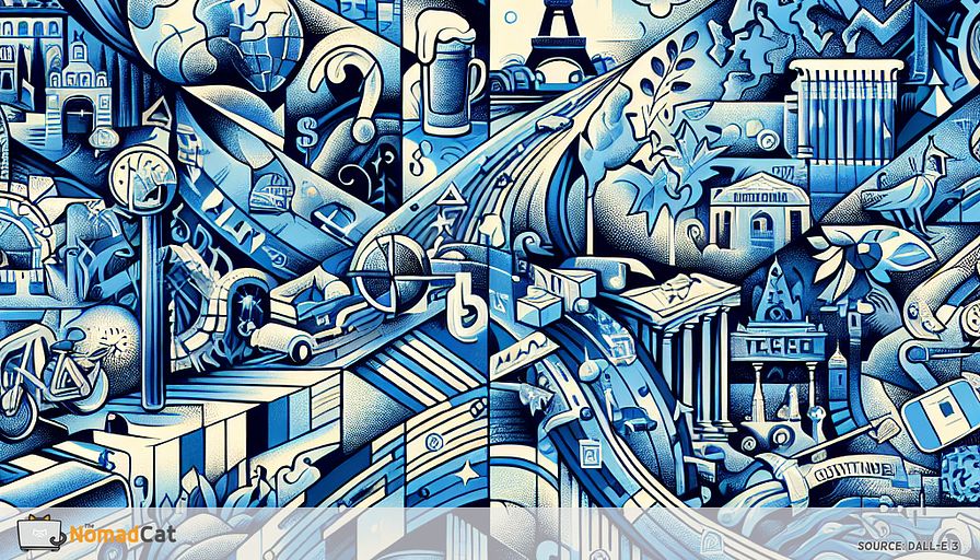 Create an abstract illustration in blue tones that captures the essence of navigating Europe's diverse markets through localized Business Intelligence (BI) strategies. Visualize a complex, interlocking puzzle where each piece represents a different European country, showcasing unique cultural symbols such as the Eiffel Tower for France and a beer stein for Germany. Integrate motifs of data analytics, such as charts and graphs, seamlessly blending into the landscape. Highlight the contrast between fashion-forward and practical consumer behaviors with subtle, symbolic elements. Include abstract representations of economic conditions and regulatory obstacles, like a maze or labyrinth, interwoven with the cultural tapestry. Convey a sense of collaboration and adaptability, embodied by interconnected networks and flowing data streams. The illustration should evoke a sense of opportunity and innovation, emphasizing how companies transform challenges into thriving market strategies.