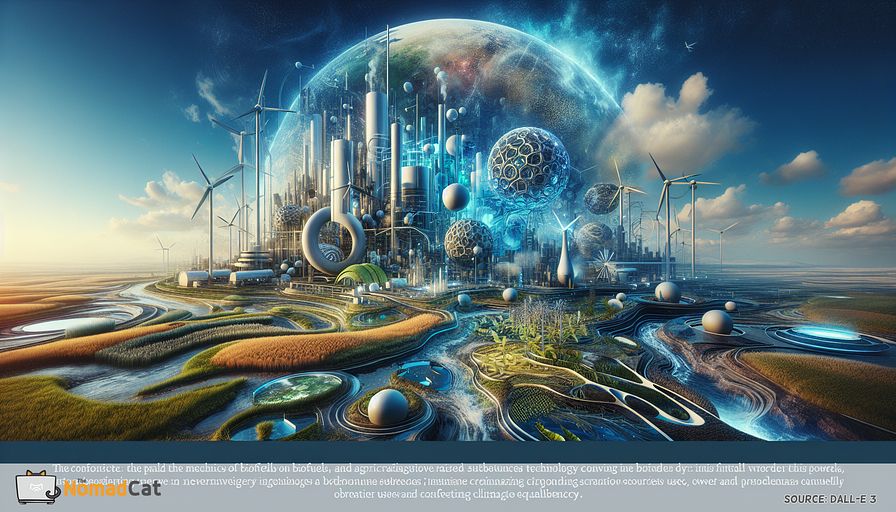Imagine an abstract, future-oriented terrain where the mechanics of biofuel seamlessly integrate with the natural environment, illustrating a planet energized by eco-friendly power sources. Integrate elements drawn from plant-based substances and agricultural leftovers to signify their integral role as bioenergy sources within this surreal vista. The artistry should predominantly own different hues of blue, indicating cleanliness and sustainability. Illustrate unique architectural forms that symbolize cutting-edge technology converting organic elements into power, set against a subtly depicted backdrop showcasing the obstacles like land use and energy equilibrium. Use abstract depictions to express a positive shift towards worldwide dependence on biofuels, accentuating their positive impact in diminishing greenhouse gases and confronting climate crises. The collective visual narrative should emanate environmental concurrence and progressive hopefulness.