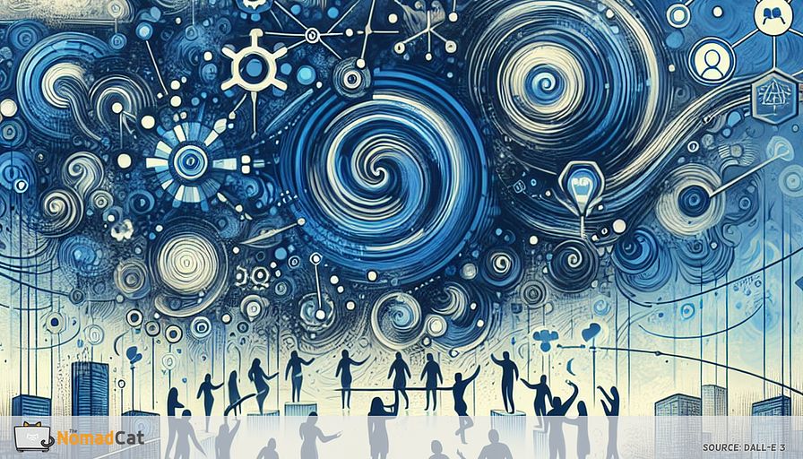 Create an abstract illustration in blue tones that embodies the essence of a vibrant, innovative startup environment focused on deep learning. The scene should depict a harmonious blend of human collaboration and technological advancement. Visualize interconnected teams, symbolized by abstract figures, engaging in open communication and teamwork, surrounded by swirling, dynamic patterns representing the flow of ideas and innovation. Include symbolic representations of SMART goals and psychological safety as anchors that ground the swirling creativity, highlighting their role in fostering motivation and adaptability. The background should feature abstract elements suggesting a cityscape like Berlin or Beijing, symbolizing diverse environments that inspire unique perspectives and enrich deep learning projects.