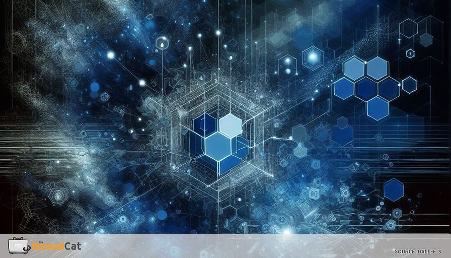 An abstract illustration in blue tones symbolizing the resilience of small tech startup teams after a major cyberattack. Depict a small, interconnected cluster of geometric shapes—representing a startup—surrounded by a swirling, chaotic web of jagged lines and fragmented digital patterns, evoking the ripple effects of a large-scale cyber breach. Some shapes within the cluster are cracked or flickering, but luminous blue lines reconnect and reinforce the network, emphasizing recovery, collaboration, and support. In the background, faint shadowy silhouettes of larger, more imposing structures suggest the presence of vast, complex systems that both threaten and connect the small team. Subtle details hint at shared digital infrastructure—clouds, code fragments, and abstract padlocks—conveying vulnerability but also collective strength. The overall mood is hopeful, dynamic, and innovative, with cool gradients and bright blue highlights symbolizing optimism, trust, and the power of community.
