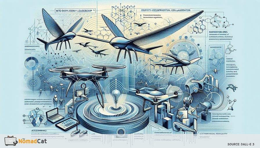 Design an abstract illustration depicting the evolution and future of drone technology. Show the transition from manually operated drones to autonomous ones, fully equipped with swarm robotics and intelligence. Through visual storytelling, reveal the integration of drones in various industries, emphasizing the role of visionary leadership in overcoming ethical and regulatory challenges. Highlight the significance of assessing readiness and creating comprehensive roadmaps for drone technology advancement. Incorporate elements of inter-disciplinary collaboration to fully harness the potential of Swarm Intelligence and Swarm Robotics, with the goal of constructing a safer, more sustainable world. Use shades of blue colors to convey a sentiment of innovation, trust, and tranquility.