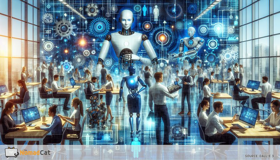 Create an image of a modern workspace situated in future times, where humanoid robots and people work in perfect sync. These individuals originate from diverse descents such as Caucasian, Hispanic, Black, Middle-Eastern, South Asian. The genders of the humans are equally split between men and women. Showcase the epitome of unity and cooperative work, with these teammates engaged in a variety of occupations, where people contribute innovation and strategic decisions, while the robots help to optimize and make the work processes more efficient. Highlight abstract elements rendered in majorly blue hues to represent the technological progress and the seamless assimilation of humans and robots. Emphasize the vibrant and industrious ambiance brought about by this partnership, accentuating the increased safety, productivity, and flexibility in the workspace.