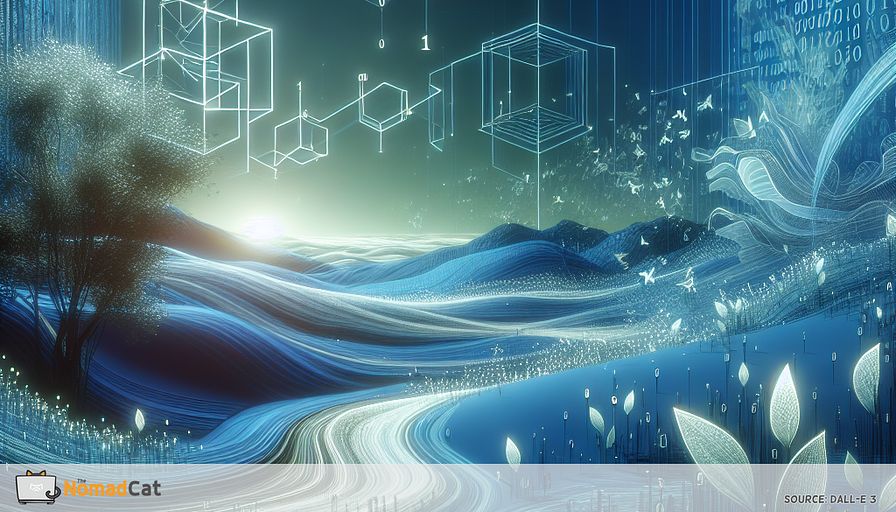 Illustrate an abstract scene that embodies the concept of "green coding" for a sustainable tech future. Visualize a futuristic, blue-toned digital landscape where streams of binary code flow like rivers through a serene environment. The code is intertwined with elements of nature, such as leaves and branches, symbolizing the harmony between technology and the natural world. In the background, geometric shapes representing algorithms and resource management tools float in the sky, casting soft shadows over the landscape. Include abstract depictions of energy-efficient algorithms, like simplified sorting algorithms and database indexing, as intricate patterns within the flowing code. The scene should convey a sense of innovation and sustainability, highlighting the seamless integration of eco-friendly practices in software development.
