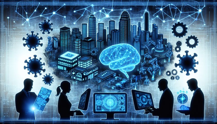Visualize an abstract illustration of distinct environments. A thriving metropolis representing finance, a tranquil hospital symbolizing healthcare, a robust factory filled with robots, and an alluring digital gaming world. These sectors are interconnected with luminous blue neural networks, representing the application and flow of reinforcement learning principles. In the center, silhouette outlines of three figures, a Caucasian female Chief Technology Officer, a Middle-Eastern male Director of Technologies, and a Black female Director of Engineering, are operating a massive, intricate machine control panel. The panel has screens and buttons labeled 'RL', showcasing the integration of reinforcement learning throughout these diverse areas. Emphasize the blue hues to underline the advanced technology and highlight the abstract impact of reinforcement learning on innovation and problem-solving in a digitally united world.