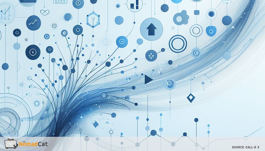 Create an abstract illustration using blue tones that visualizes the concept of "lean business intelligence" for fast-growing startups. Depict a flowing, interconnected network of geometric shapes (such as simple circles, lines, and rectangles) representing data points and dashboards, but keep the design minimal and uncluttered—emphasizing clarity and flexibility over complexity. Include subtle motifs of growth, such as a small upward arrow or branching lines emerging from a simple spreadsheet icon. Suggest a sense of rapid adaptation and decision-making, with certain elements evolving or transforming seamlessly. The background should be clean, with soft gradients in blue, evoking calm focus and efficiency. The overall feeling should be one of simplicity, agility, and dynamic movement—showing how keeping things simple empowers startups to grow and pivot quickly.
