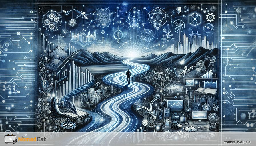 Imagine a visual metaphor that represents the career progression and evolution of a tech professional, from their origins as a software developer to their ultimate position as a Chief Technology Officer (CTO). Focus on the themes of technology innovation, strategic leadership, and constant adaptation to novel tech trends, all portrayed in cool blue hues. Picture this journey as a lively landscape, where motifs such as circuitry and digital networks converge with symbols of leadership like a chessboard and compass, leading a path through the landscape of technology advances. Subtly incorporate simbols of finance into the backdrop, indicating the lucrative nature of the CTO role, along with a curving line suggesting potential salary growth. Add images of communication devices, decision-making tools, and strategic planning tools scattered along the path, which signify the crucial skills a CTO needs to align technical resources with business objectives. This image metaphorically embodies the pivotal role of a CTO in steering innovation and business prosperity in the digital age.