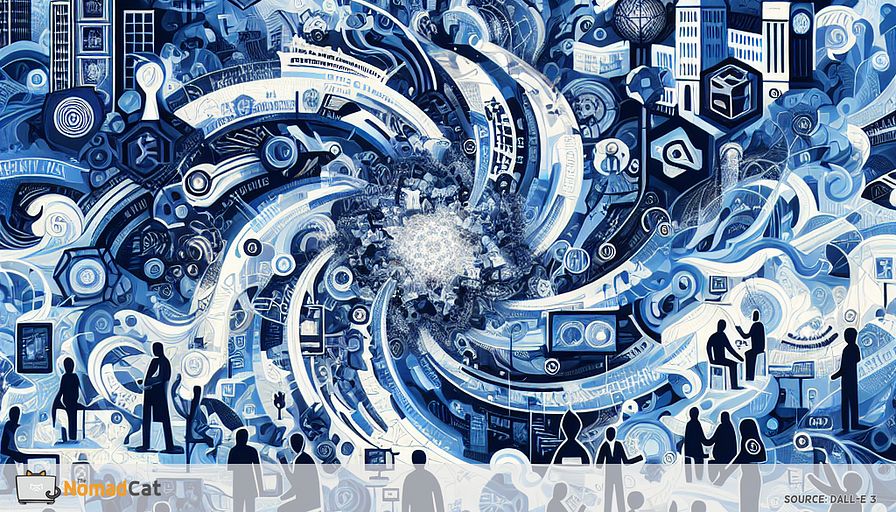 Create an abstract illustration using blue tones that captures the vibrant, multicultural tech scenes of Berlin, Amsterdam, and Paris. Imagine a dynamic convergence of diverse cultural symbols and languages forming a harmonious, kaleidoscopic pattern. In the center, depict abstract figures representing tech innovators from varied backgrounds, engaged in a lively exchange of ideas, symbolizing creativity and collaboration. Integrate elements of virtual reality and telepresence as swirling motifs, signifying their role in bridging cultural gaps. Let the illustration convey the energy and potential of cultural diversity as the driving force behind innovation, with subtle nods to iconic landmarks from each city, blending into the abstract design.