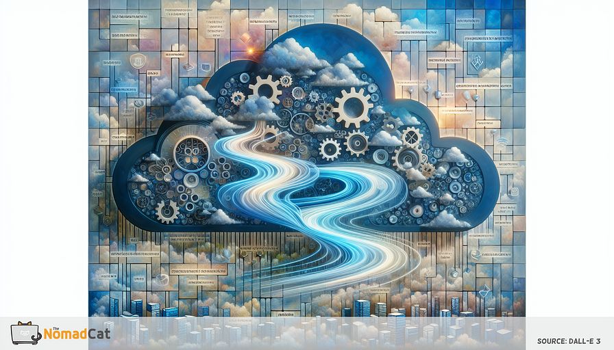 Create an abstract art of a futuristic landscape composed of soft blues, signifying the transformation brought by serverless computing in software development. Imagine traditional servers disintegrating into the cloud, symbolising a reduction in operational complexity. Within the cloud, insert motifs of economic benefits, like intertwined symbols of money. Include a sequence of intermeshing gears, signifying FaaS platforms, programming conventions, and novel security measures, merging flawlessly into the cloud. Incorporate glowing streams of code, highlighting the liberty accorded to developers to introduce innovative solutions. The overall composition should communicate efficiency, scalability, and technological evolution - embodying the boundless possibilities offered by serverless architectures.