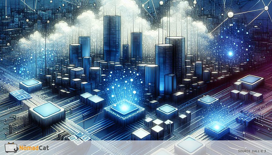 Create an abstract illustration that embodies the concept of edge computing as a transformative tool for startup growth in Europe. Imagine a dynamic, futuristic landscape with interconnected nodes representing data hubs, all bathed in various shades of blue. These nodes are strategically placed at the 'edges' of the illustration, symbolizing the decentralization of data processing. Include stylized elements of automotive and smart city infrastructures, with subtle hints of microprocessors, to emphasize the sectors benefiting from edge computing. The artwork should convey a sense of rapid data flow and innovation, showcasing the potential for efficiency, real-time processing, and enhanced privacy. The overall composition should evoke a feeling of technological advancement and opportunity in the European startup ecosystem.