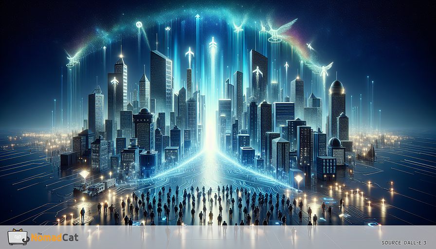 Visualize an abstract, futuristic city comprised entirely of buildings that symbolize tech incubators and accelerators, awash in varying shades of blue to signify the following themes: innovation and supportive environments in the cut-throat tech field. Each building is interlinked by luminescent, digitized bridges, symbolizing a network of resources, mentorship, and opportunities. In the foreground, a group of miniaturized startup founders of all genders and descents including Caucasian, Hispanic, Black, Middle-Eastern, South Asian, and White, stands on a glowing launch platform surrounded by a soft, inviting light, poised to leap towards these structures. Above, a digital aurora composed of codes and investment symbols arches across the sky, signifying the growth and success they aspire to achieve. The entire scene communicates a sense of continuous movement and vibrant potential, encapsulating the critical role incubators and accelerators play in nurturing tech startups.