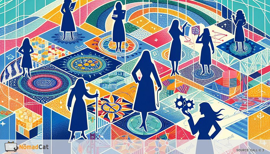 Create an abstract illustration featuring a vibrant patchwork quilt symbolizing the diverse European tech landscape. The quilt is composed of interwoven patterns representing different regions like Berlin and Lisbon. Each section of the quilt is infused with elements that symbolize sustainability, inclusivity, and startup culture. Use predominantly blue tones to convey a sense of unity and empowerment. In the foreground, depict silhouettes of female entrepreneurs, each holding digital tools, standing confidently on the quilt. They are supported by threads woven into the quilt, symbolizing EU initiatives and local support networks like incubators and accelerators. The background should subtly suggest a map of Europe with digital networks connecting the different regions, illustrating the global reach and influence of these empowered women.