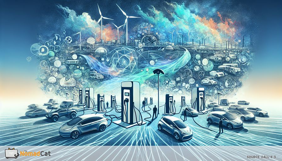 Create an abstract illustration that visualizes the future of sustainable transportation, focusing on the merger of Electric Vehicle (EV) networks within a smart energy grid powered by renewable sources. In the forefront, draw a system of streamlined, contemporary EV charging stations, teeming with an array of electric cars, signifying the all-encompassing acceptance and necessity of a strong charging network. Link these stations with luminous azure energy lines to a stylized, ground-breaking smart grid in the backdrop, demonstrating energy distribution optimization and system dependability. Above this terrain, imagine a sky peppered with symbols of renewable energies (solar panels, wind turbines), emitting a gentle cerulean glow, hinting at their role in EV charging. Mix in abstract figures depicting Caucasian, Hispanic, Black, Middle-Eastern, and South Asian male and female Technological and Engineering Directors helping orchestrate and drive the creation and innovation of these structures. This illustrates their critical function in supervising intricate projects geared towards a sustainable future. Adopt a range of azure hues to convey a sense of innovation, trust, and ecological balence.