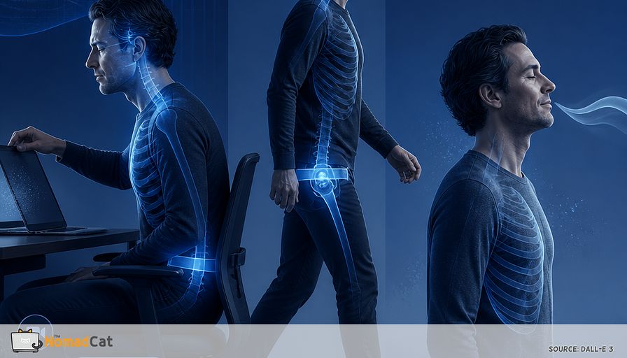 Abstract editorial illustration in cool blue tones: a remote knowledge worker at a desk just closing a laptop after a long day, shown in clean side profile. A subtle translucent “tension pathway” begins at narrowed eyes, raised brows, clenched jaw and tense neck, travels down through shallow upper-chest breathing and rigid ribcage, into a belt-like glow around the low back and hips. As the person rises from the chair and takes their first stiff steps, the hips appear temporarily locked like a mechanical hinge, while the laptop screen fades behind them. Include a small, calm visual counterpoint: a 10-second reset represented by softened eyes, two gentle blink symbols, relaxed jaw with teeth apart, and one long flowing exhale dissolving the blue tension lines. Minimalist, sophisticated health-tech magazine style, layered translucent anatomy-inspired shapes, data-flow metaphors and subtle interface cues such as a “Send” button and video-call icon, no text labels, no gore, no exaggerated medical anatomy, cinematic soft lighting, deep navy, cobalt, cyan, and pale ice-blue palette.