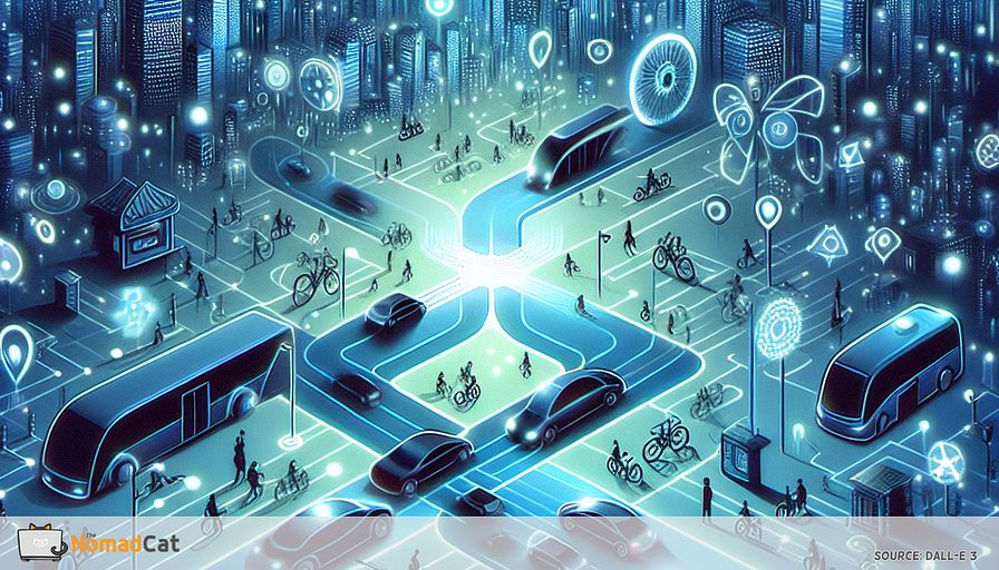 Illustrate an abstract scene in shades of blue, depicting a futuristic, decentralized transportation network. Imagine a sprawling cityscape where various modes of eco-friendly transport—like electric vehicles, bicycles, and scooters—move seamlessly through interconnected pathways. These pathways are embedded with glowing blockchain circuitry, symbolizing the secure and transparent nature of the network. In the background, diverse groups of people collaborate in harmony, representing the shared control and community empowerment that drive this system. The scene should evoke a sense of dynamism and adaptability, capturing the essence of a resilient and sustainable future in mobility.