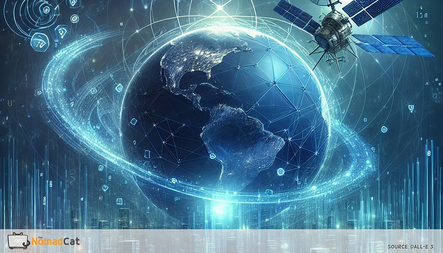 Create an abstract illustration that embodies the theme of satellite communications enhancing data security for startups. The scene is dominated by a serene, azure-toned globe, symbolizing global coverage and connectivity. Encircling the globe, a network of stylized satellites emits shimmering blue signals, representing advanced encryption and secure data transmission. These signals form a protective, translucent shield around a dynamic cityscape of startups, depicted with abstract, geometric structures. Incorporate a subtle interplay of frequency waves and digital encryptions, artistically woven into the background, to illustrate resilience against interference and jamming. The overall composition conveys a sense of technological harmony and innovation, capturing the essence of satellite communications as a key player in modern data security.
