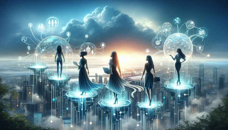 Create an abstract concept landscape representing the transformative shift in the technology industry championed by an Asian woman, Black woman, White woman, and Middle-Eastern woman. These women, shown with varying body types, hairstyles, and attire, stand with confidence on innovative digital platforms floating against a futuristic skyline. Each platform holds symbols of startup culture, leadership, and technological advancement. Include visual metaphors such as digital vines entwining the platforms, signifying growth and connection, and glowing spheres illustrating ideas and solutions being cultivated and released into the atmosphere. The sky transitions from a deep, dark blue at the bottom, metaphorical for the past, to a vividly bright tone at the top, a symbol of the hopeful future molded by these pioneers. The abstract image should convey the message of women propelling innovation, surmounting challenges, and inspiring a new generation, ultimately reshaping the future of technology with inclusivity and diversity at its core.