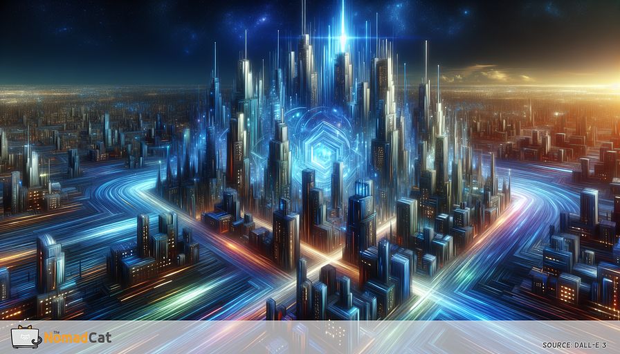 Imagine a futuristic and abstract cityscape, an allegorical representation of JavaScript in the process of web development. In this dynamic vista, the buildings are in constant movement, altering their shapes, sizes, and heights, as if in a state of perpetual evolution. Each of these formations is bathed in various tones of vibrant blue, symbolizing JavaScript's inherent interactivity for the web. Visualize roads made of flowing streams of data, connecting these gleaming structures, indicating the capacity of JavaScript to refresh contents without reloading the entire page. The heart of this city is a colossal edifice, standing tall above the rest, shining as an emblem of Node.js, emphasizing the potential of JavaScript when used for server-side development, thus expanding the scope beyond the realms of traditional browser environment. Surrounding this central tower, observe a variety of other buildings, each glowing distinctively in a unique shade of blue, indicative of the expansive ecosystem of JavaScript frameworks such as React, Angular, and Vue, promoting the expeditious development of user-responsive interfaces. Lastly, incorporate components that signify an uninterrupted process of construction and adaptation, thus, underlining the ceaseless growth and pivotal role of JavaScript in catering to the changing needs of users and the digital world.