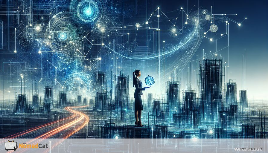 Create a conceptual, blue-hued illustration embodying the morphing landscape of technology and business intelligence. Depict a forward-thinking cityscape with sky-high edifices fashioned from digital data streams and geometrical shapes that epitomize strategic expansion and adaptability. In the front stage, portray a Hispanic female business leader on a platform, she's holding a glowing, complex network of data dots, signifying real-time analytics. The city should be brimming with intertwined data routes snaking through the structures, symbolizing the flawless melding of business intelligence and strategic blueprinting. Accentuate the theme of anticipatory modification with elements like arrows or fluid lines that suggest onward movement and growth.