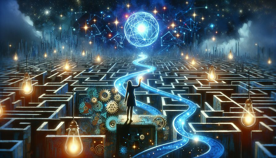 Create an abstract illustration focused on the theme of embracing progression and modernization in the fast-paced realm of technology. The image should exhibit a Caucasian female protagonist standing on the brink of a labyrinth-like formation symbolizing the technology industry, looking up to an extensive, star-filled expanse that indicates potential and opportunities. The maze is made up of different technological components and hurdles, such as cogs, circuits, and code fragments, all shaded in varieties of blue. Amid these challenges, pathways lit by gentle, glowing lanterns hint at routes of enlightenment and advancement. The protagonist is shown as an integral part of this setting, with one hand extended to touch a hovering, luminous globe that signifies an innovative concept or solution, epitomizing the idea of a growth mentality. The overall mood of the illustration should convey a sensation of awe, determination, and the boundless possibilities for individual and career growth within the constantly changing scope of technology.
