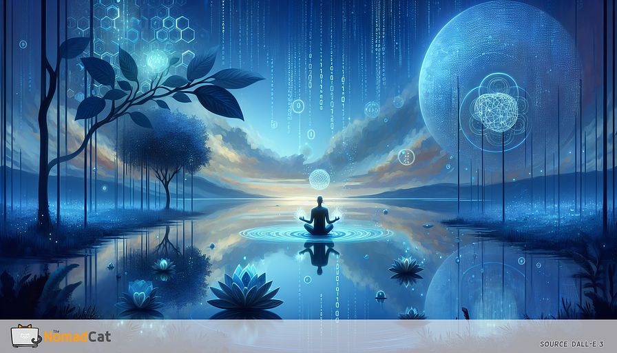 Illustrate an abstract representation of the convergence between technology and mental health support. Visualize this through a serene landscape predominantly in blue tones, where digital elements and nature seamlessly blend. Picture a vast, tranquil lake reflecting a sky merged with subtle binary code patterns, symbolizing the digital realm. On one shore, a figure sits in a lotus position, engaging with a glowing, futuristic device that emanates gentle waves of light, illustrating the act of receiving mental health support through technology. Around the lake, ethereal trees with leaves shaped like human brains and hearts gently sway, indicating the soothing effect of technology on mental well-being. In the background, a horizon where the digital mesh and the natural sky become indistinguishable, portraying the potential and challenges of creating intuitive, accessible mental health apps. This scene not only captures the essence of digital tools enhancing well-being but also reflects on the ethical considerations and digital trust required in their development. The overall atmosphere should be calm, inviting contemplation on the symbiosis between technology and mental health in a world striving for balance.