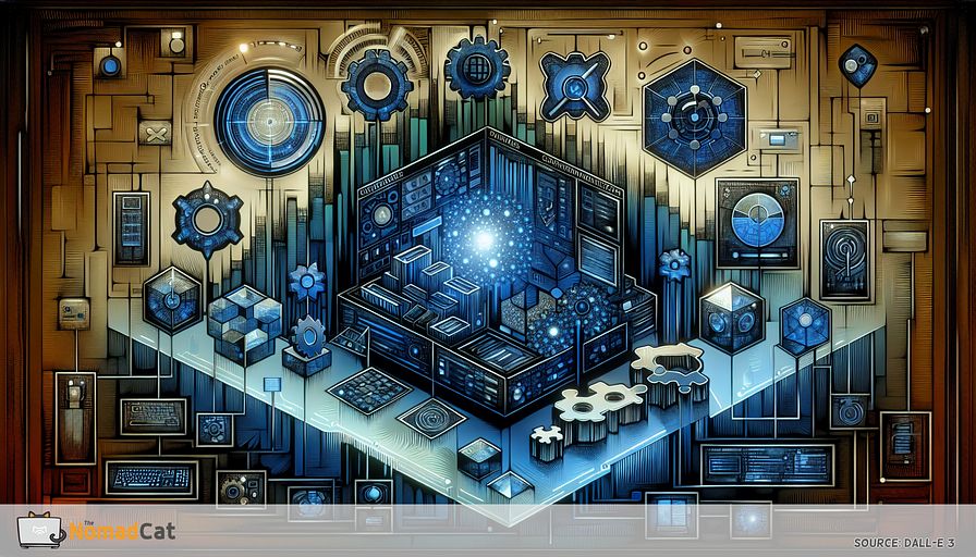 Depict an abstract, digital landscape dominated by shades of blue, symbolic of a programming environment. In the front, there's a complex, holographic interface showcasing intricate configurations, manifesting a comprehensive overview of settings. Scattered around this motif, visualize smaller illustrations reflecting key functionalities: a shield for security measures, a magnifying glass associated with debugging, gears for performance fine-tuning, crossed arrows for update synchronization and teamwork, interlocking puzzle pieces for managing additional functionalities, an open volume for guiding documentation, and a retro-style computer for backward compatibility. This visualization advocates the critical role of detailed configuration in server setup, development, and maintenance, aligning with the concept of prudent use in production environments.