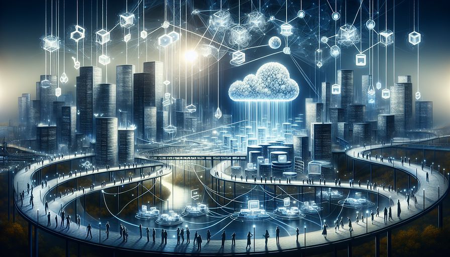 Visualize a futuristic, abstract cityscape filled with different shades of blue, presenting a transformational world of cloud-based computing. At the forefront, picture complex, linked networks of floating containers and spheres, symbolizing various components of Kubernetes orchestration and Docker containerization. Silver threads gracefully spread above this framework, demonstrating the seamless connections between the technologies and subtly metaphorizing the GitOps management model with repositories and CI/CD pipelines subtly fused into the scene. Around this cityscape, ethereal figures, personifying the positions of Technology and Engineering heads, create connections between towering structures symbolizing business strategy and technological innovation. Different genders and descents such as African, Caucasian, and Asian are seen representing these figures. They lead teams across the bridges, nurturing a culture of teamwork depicted as radiant, linked lights and spearheading the shift towards embracing cloud principles. The entire setting is soaked in a calm, yet vibrant ambiance, highlighting the agility, resilience, and portability that cloud computing brings, under a sky glistening with digital constellations that represent the future of scalable application development.