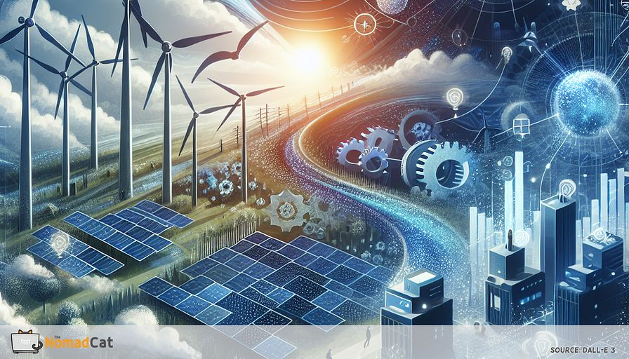 Create an abstract illustration that captures the journey of a startup integrating renewable energy. The scene should depict a vibrant, futuristic landscape with a blend of solar panels, wind turbines, and smart buildings, all interconnected by a network of energy flows. Incorporate elements that symbolize strategic planning, such as gears and graphs, to represent energy audits and load profiling. The environment should be rich in blue tones, conveying a sense of innovation and sustainability. Include abstract representations of stakeholders and communication lines, illustrating the importance of engagement and collaboration. Lastly, infuse the piece with elements of growth and scalability, such as modular structures expanding seamlessly, to emphasize the startup's potential for future development and alignment with environmental goals.