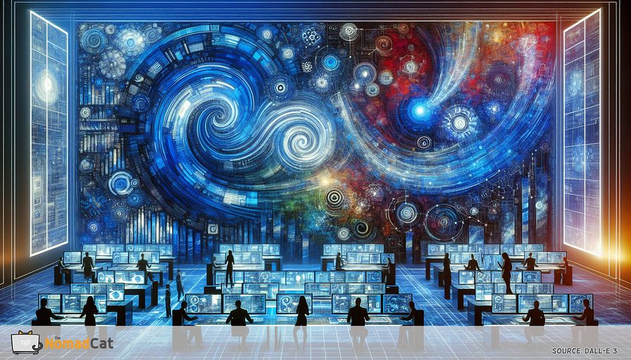 Imagine a futuristic cybersecurity command center painted in varying shades of blue, signifying a blend of advanced technology and robust defenses. The abstract environment showcases a seamless fusion of AI-driven machines and human experts, both Caucasian and South Asian, male and female, working in tandem. The advanced AI algorithms are represented as intricate, swirling patterns of digital data. Humans can be seen analyzing these data-driven patterns on large, interactive displays. Each element in the command center symbolizes the integration of artificial intelligence, machine learning, and human insight in solving complex cybersecurity challenges. The entirety of the scene showcases an agile, proactive response to evolving digital threats.