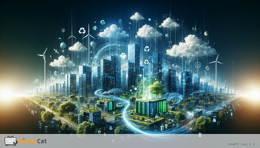 Create an abstract art piece that encapsulates the rising environmental consciousness and the push towards eco-friendly practices within the tech industry. The image should be primarily in shades of blue, evoking feelings of serenity and innovation. Picture a future-oriented landscape filled with skyscrapers featuring green elements such as vertical gardens and wind turbines. At the heart of the scene, represent a green data center shimmering with energy-saving equipment enveloped by swirling, ethereal clouds, signifying cloud services and virtualization. Integrate subtle details like recycling logos and miniscule, bright icons of green tech embedded throughout the urban setting, referring to the collaborative move towards green computing. A beam of light connecting different parts of the art should allegorize the sustainable IT culture, leading and joining the business world on a path to a greener tomorrow.