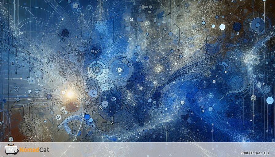 Create an abstract illustration in soothing blue tones symbolizing the dynamic interplay of cultural diversity and innovation within Europe's tech industry. Visualize a harmonious orchestration of diverse cultural elements, represented as abstract shapes and patterns, converging to form a vibrant, interconnected network. This network, illuminated by subtle hints of light, signifies the flow of creative ideas and solutions. Incorporate elements that suggest both harmony and occasional friction, such as overlapping geometries and contrasting textures, to reflect the challenges and opportunities of managing diverse teams.