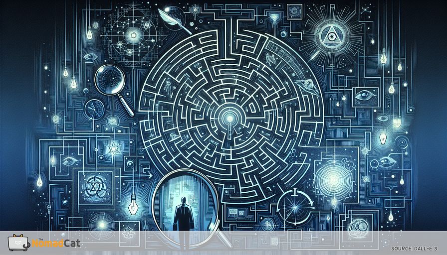 Generate an abstract illustration that metaphorically represents the journey of navigating the technology patent landscape for startup entrepreneurs. The central motif should be a complex, intricate labyrinth with various pathways, indicative of the patent process. This labyrinth should appear as a sophisticated map with routes illuminated to signify strategic patent filing and management. Abstract symbols representing patent laws and magnifying glasses denoting exhaustive patent searches should be encapsulated within the image to portray different stages of the journey. Include an abstract figure conferring with a wise advisor, signifying interaction with patent lawyers. The labyrinth should be encircled by watchful eyes, demonstrating the never-ending monitoring of the patent environment. The overall coloration should encompass shades of blue, creating an atmosphere of calm and clear-sightedness amidst the elaborate process.