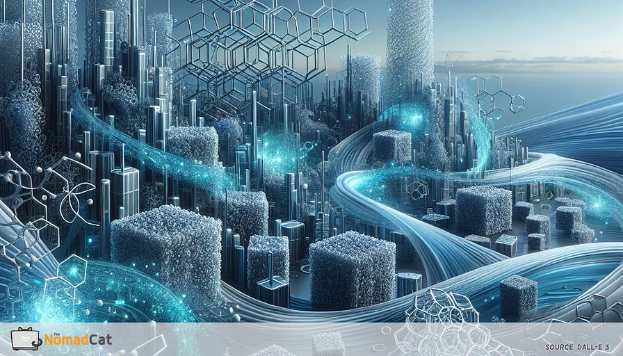 Illustrate a futuristic, abstract landscape of intertwined blue nanostructures resembling a cityscape of packaging materials. These structures should appear delicate yet robust, showcasing their strength and lightness through intricate lattice patterns. Include hints of green and silver to represent nanocellulose and nano-silver, subtly integrated into the design. Add swirling blue tones to symbolize the environmental benefits and the reduction of waste. In the foreground, depict nanosensors and antimicrobial coatings as glowing, ethereal elements, highlighting their role in smart packaging. The overall scene should evoke a sense of innovation and sustainable transformation in the packaging industry, with a focus on eco-friendliness and advanced technology.
