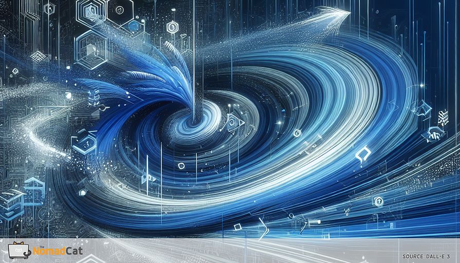 Create an abstract illustration that captures the essence of a dynamic startup ecosystem thriving with speed and innovation, represented by the programming language Julia. The scene should feature swirling blue tones to symbolize the swift movement and simplicity of Julia, with interconnected geometric shapes and flowing lines representing the collaborative nature of startup teams. Incorporate subtle elements of digital code and circuit patterns to convey the technological prowess and high-performance capabilities of Julia. Include abstract symbols hinting at industries like fintech and healthcare, subtly woven into the design, to illustrate how these fields are being transformed by Julia's efficiency and ease of use.