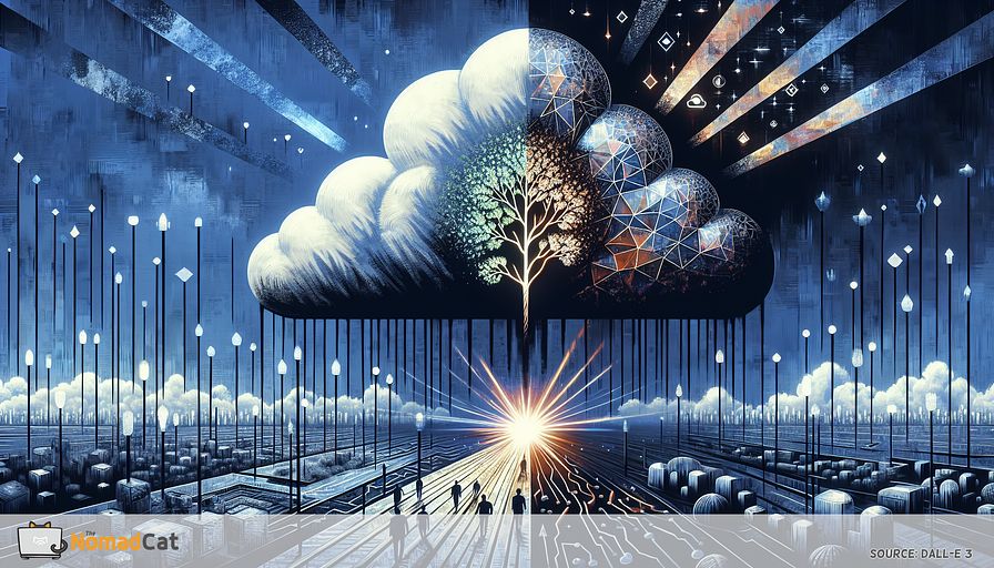 Depict a transformative concept through an image of a petite, luminous sapling, a symbol of niche, disruptive innovation, finding its way through the wise, large, black-and-white rigid structure indicative of mainstream market competitors. Envelop this scene with different shades of blue reflecting prudence and discernment. Include motifs suggestive of cloud computing technology, such as symbolic cloud shapes or digital patterns that are intermingled with the sapling's trail of growth. This visual allegory should encapsulate the essence of challenging the norm and pioneering transformative changes, underscoring the gutsy spirit necessary to endorse these breakthroughs. Have the sapling be the source of radiating beams of light, accentuating its role in solving global issues and servicing the human race, all under the watchful gaze of a nondescript figure hidden in the shadows, embodying the Chief Technology Officer's supervisory and visionary role.